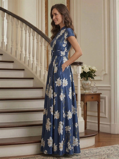 Robe Mère de la Mariée Ligne A Col en V Manches Courtes Longueur Cheville avec Ceinture