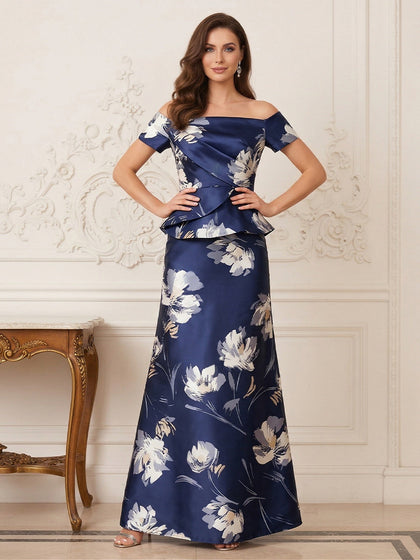 Robe Mère de la Mariée Ligne A Épaules Dénudées Manches Courtes Longueur au Sol à Volants