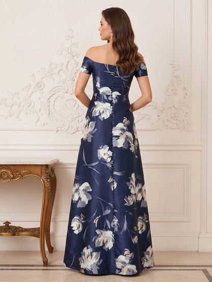 Robe Mère de la Mariée Ligne A Épaules Dénudées Manches Courtes Longueur au Sol à Volants
