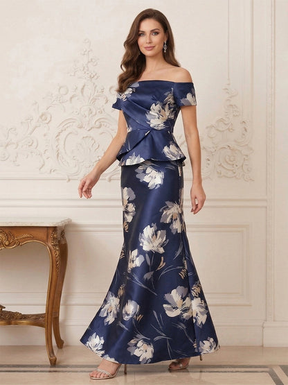 Robe Mère de la Mariée Ligne A Épaules Dénudées Manches Courtes Longueur au Sol à Volants