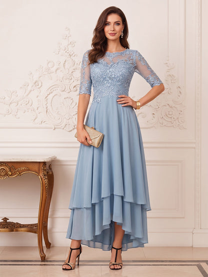 Robe Mère de la Mariée Ligne A Asymétrique Col Bateau Manches Mi-longues à Appliques & Volants