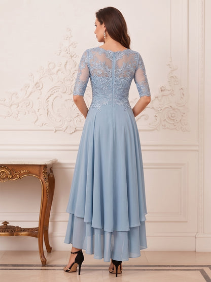 Robe Mère de la Mariée Ligne A Asymétrique Col Bateau Manches Mi-longues à Appliques & Volants