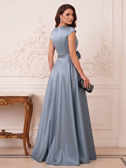 Robe Mère de la Mariée Fourreau Col en V Manches Courtes Longueur au Sol avec Broderie & Fleurs 3D