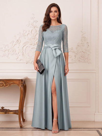 Robe Mère de la Mariée Ligne A Col Rond Manches 3/4 Longueur au Sol avec Dentelle & Fente Latérale