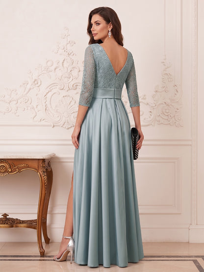 Robe Mère de la Mariée Ligne A Col Rond Manches 3/4 Longueur au Sol avec Dentelle & Fente Latérale