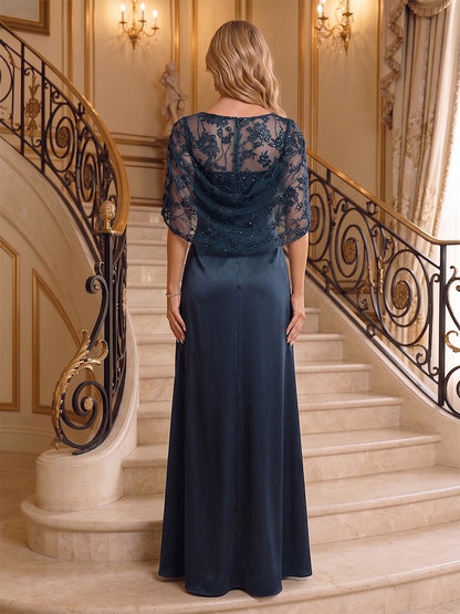 Robe Mère de la Mariée Ligne A Col Rond Mancherons Longueur au Sol à Volants & Paillettes
