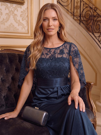 Robe Mère de la Mariée Ligne A Col Rond Mancherons Longueur au Sol à Volants & Paillettes