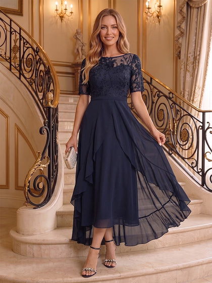 Ligne A/Princesse Scoop Manches Courtes Asymétrique Robes Mère de la Mariée avec Appliqué & Froufrous