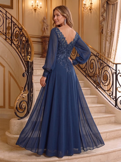 Robe Mère de la Mariée Ligne A Col en V Manches Longues Longueur au Sol en Dentelle