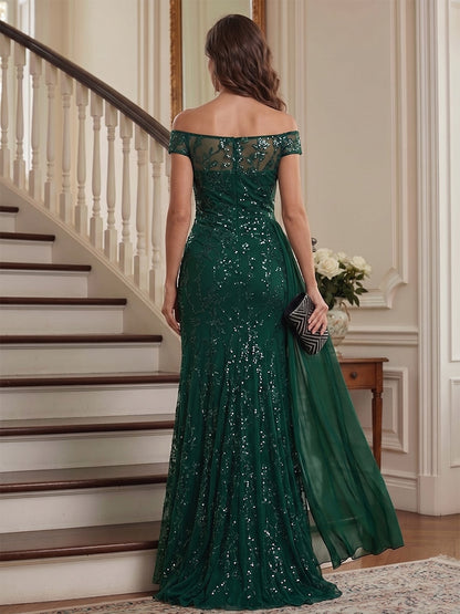 Robe Mère de la Mariée Fourreau Col Rond Manches Courtes Longueur au Sol avec Perles & Broderie