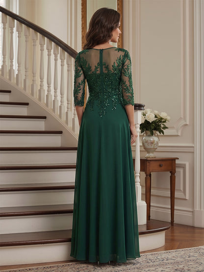 Robe Mère de la Mariée Ligne A en Mousseline Asymétrique Col en V Manches 3/4 avec Dentelle