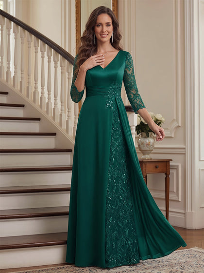 Robe Mère de la Mariée Ligne A Col en V Manches 3/4 Longueur au Sol avec Dentelle & Appliques