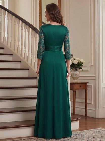 Robe Mère de la Mariée Ligne A Col en V Manches 3/4 Longueur au Sol avec Dentelle & Appliques