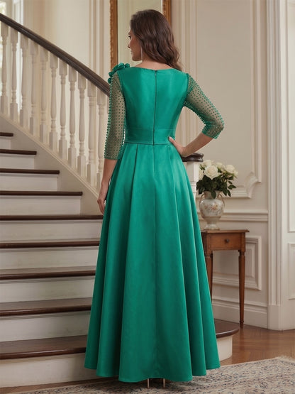 Robe Mère de la Mariée Ligne A Col en V Manches 3/4 Longueur au Sol avec Fleurs 3D