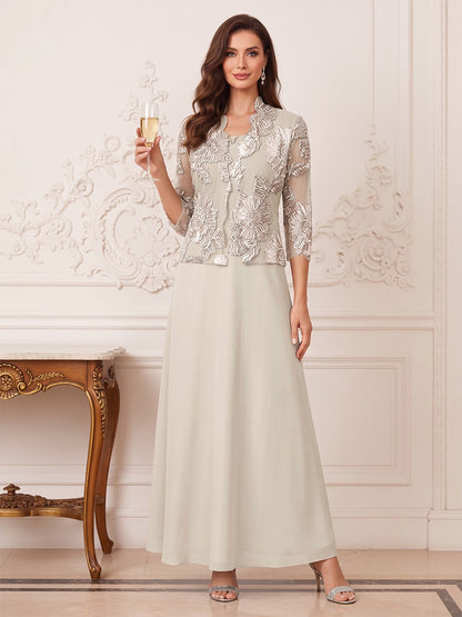 Robe Mère de la Mariée 3 Pièces Ligne A Col Bateau Manches 3/4 Longueur Cheville avec Dentelle