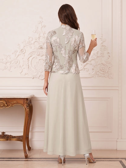 Robe Mère de la Mariée 3 Pièces Ligne A Col Bateau Manches 3/4 Longueur Cheville avec Dentelle