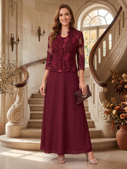 Ensemble 2 pièces pour mère de la mariée (style trapèze/princesse) en dentelle, manches 3/4, encolure bateau, longueur cheville