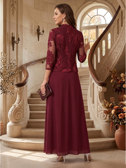 Ensemble 2 pièces pour mère de la mariée (style trapèze/princesse) en dentelle, manches 3/4, encolure bateau, longueur cheville