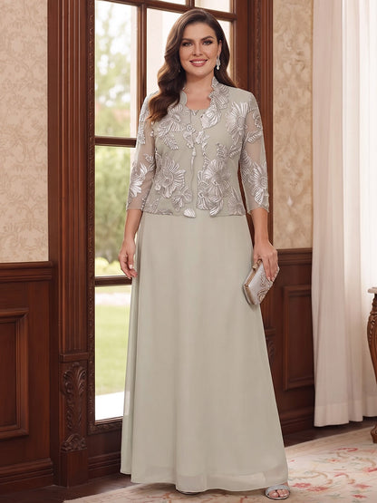 Robe de mère de la mariée grande taille en mousseline, coupe trapèze/princesse, encolure bateau, manches 3/4, longueur cheville, avec dentelle