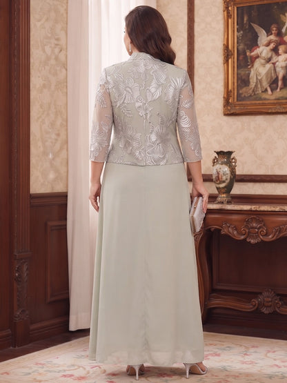 Robe de mère de la mariée grande taille en mousseline, coupe trapèze/princesse, encolure bateau, manches 3/4, longueur cheville, avec dentelle