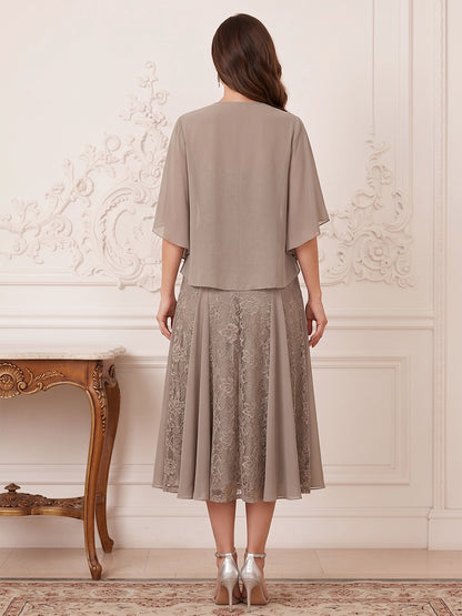 Robe Mère de la Mariée Ligne A Col en V Manches Mi-longues Longueur Thé avec Appliques