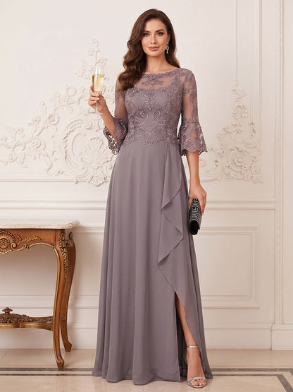 Robe Mère de la Mariée Ligne A Col Rond Manches Mi-longues Longueur au Sol avec Fente Latérale & Appliques