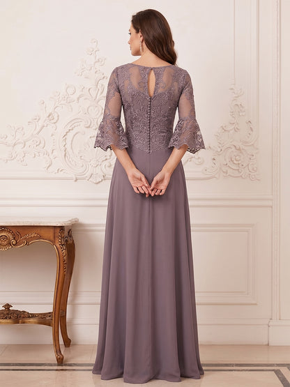 Robe Mère de la Mariée Ligne A Col Rond Manches Mi-longues Longueur au Sol avec Fente Latérale & Appliques