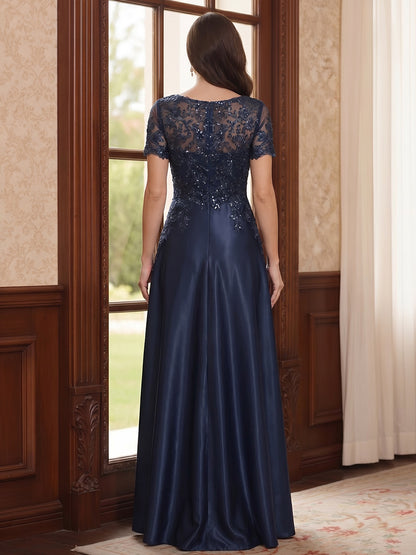 Robe Mère de la Mariée Ligne A Col en V Manches Courtes Longueur au Sol à Poches & Dentelle