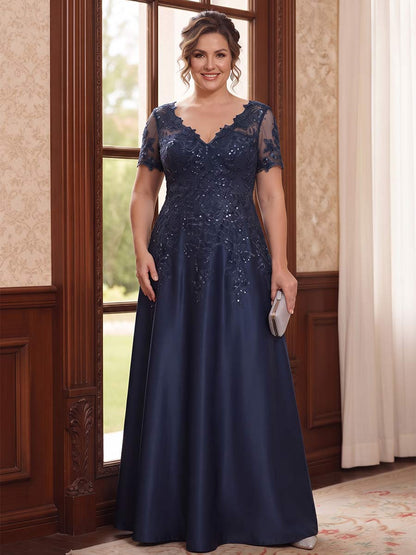 Robe de Mère de la Mariée Grande Taille Coupe A-Line/Princesse à Col en V, Manches Courtes, Longueur au Sol avec Poches & Dentelle