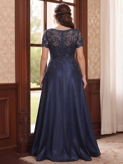 Robe de Mère de la Mariée Grande Taille Coupe A-Line/Princesse à Col en V, Manches Courtes, Longueur au Sol avec Poches & Dentelle