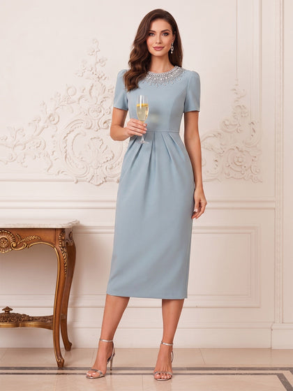 Gaine/Colonne Scoop Manches Courtes Longueur de Thé Robes Mère de la Mariée avec Strass