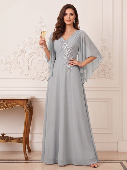 Ligne A/Princesse Col en V Demi-manches La Longueur du Sol Robes Mère de la Mariée avec Appliques & Dentelle