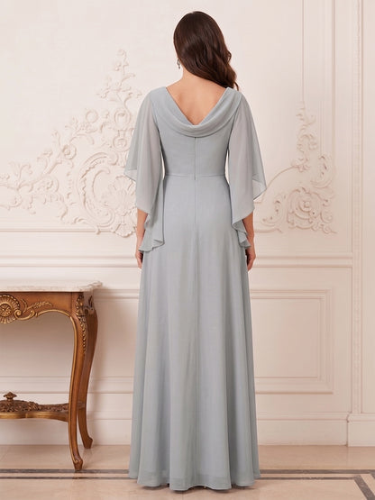 Robe Mère de la Mariée Ligne A Col en V Manches Mi-longues Longueur au Sol avec Appliques & Dentelle