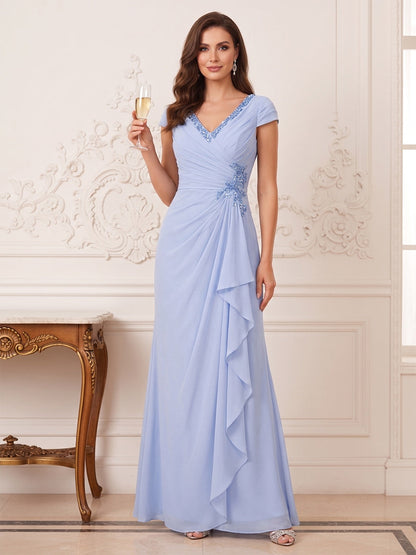 Robe Mère de la Mariée Fourreau Col en V Manches Courtes Longueur au Sol avec Appliques & Dentelle