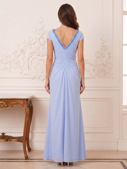 Robe Mère de la Mariée Fourreau Col en V Manches Courtes Longueur au Sol avec Appliques & Dentelle