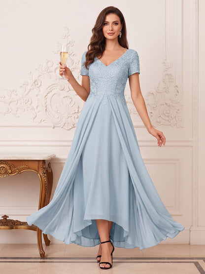 Robe Mère de la Mariée Ligne A Col en V Manches Courtes Longueur Thé à Plis & Appliques