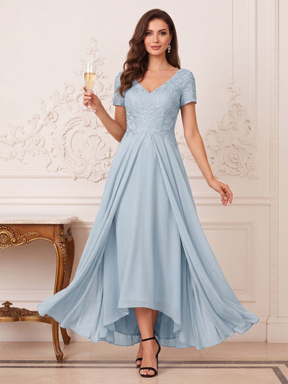 Ligne A/Princesse Col en V Manches Courtes Longueur de Thé Robes Mère de la Mariée avec Plis & Appliques