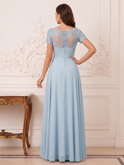 Robe Mère de la Mariée Ligne A Col en V Manches Courtes Longueur Thé à Plis & Appliques