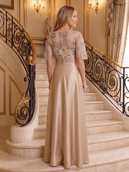 Robe Mère de la Mariée Sirène Col Rond Manches 3/4 Longueur au Sol avec Appliques & Perles