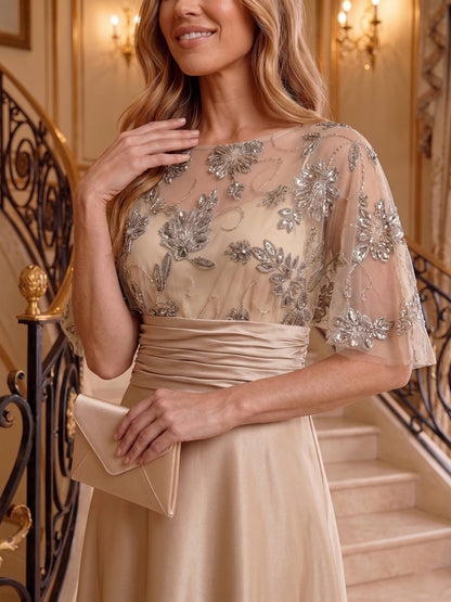 Robe Mère de la Mariée Sirène Col Rond Manches 3/4 Longueur au Sol avec Appliques & Perles