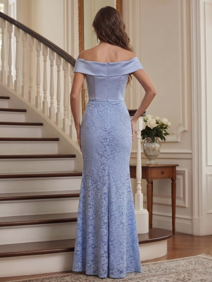 Robe Mère de la Mariée Fourreau Épaules Dénudées Mancherons Longueur au Sol avec Appliques & Ceinture
