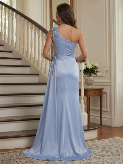 Robe Mère de la Mariée Sirène Asymétrique Sans Manches Longueur au Sol avec Fleurs 3D & Fente