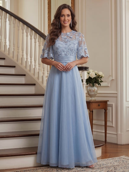 Robe Mère de la Mariée Ligne A Col Rond Manches Mi-longues Longueur au Sol avec Appliques