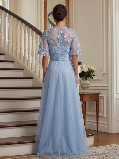 Robe Mère de la Mariée Ligne A Col Rond Manches Mi-longues Longueur au Sol avec Appliques