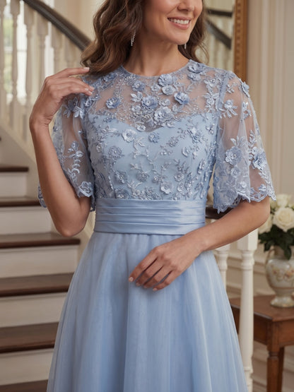 Robe Mère de la Mariée Ligne A Col Rond Manches Mi-longues Longueur au Sol avec Appliques