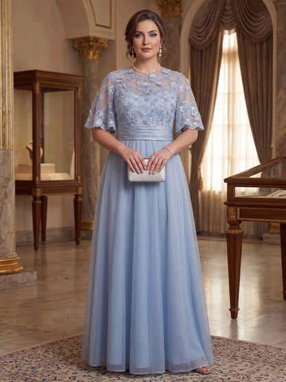 Robe Mère de la Mariée Grande Taille A-Ligne Col Rond à Demi-manches Longueur Sol avec Appliques