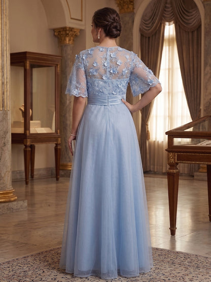 Robe Mère de la Mariée Grande Taille A-Ligne Col Rond à Demi-manches Longueur Sol avec Appliques