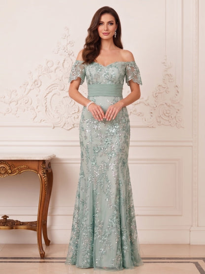 Robe Mère de la Mariée Sirène Épaules Dénudées Manches Courtes Longueur au Sol avec Appliques & Ceinture