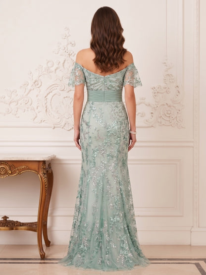 Robe Mère de la Mariée Sirène Épaules Dénudées Manches Courtes Longueur au Sol avec Appliques & Ceinture