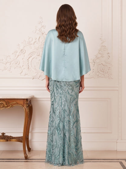 Robe Mère de la Mariée Sirène Col Bateau Manches 3/4 Longueur au Sol avec Appliques & Paillettes